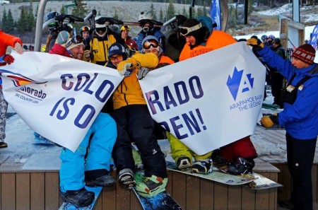 Exultation as Arapahoe Basin, Colorado, again takes claim to the title as first ski resort in the nation to open for the 2014-15 season (Jack Dempsey).